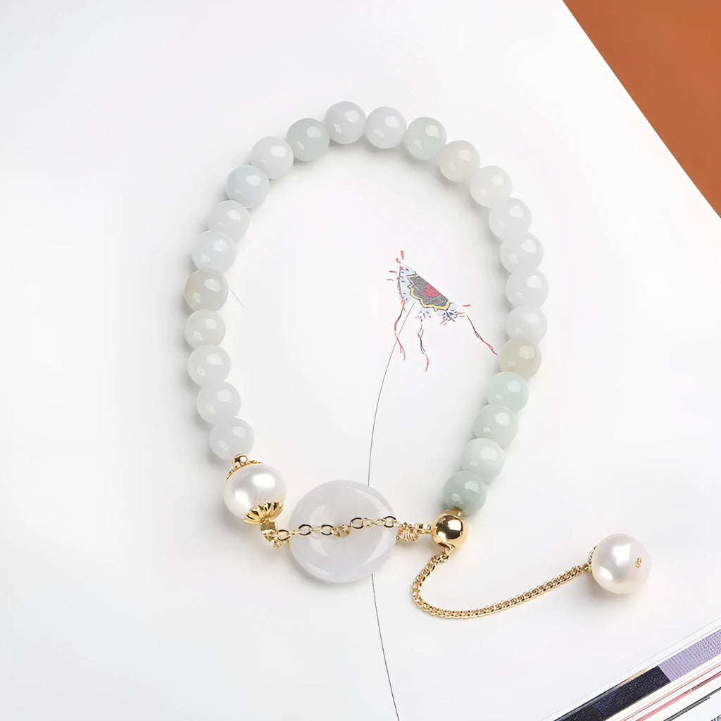 Women's jade pearl bracelet with natural emerald peace buckle charm in geometric national style