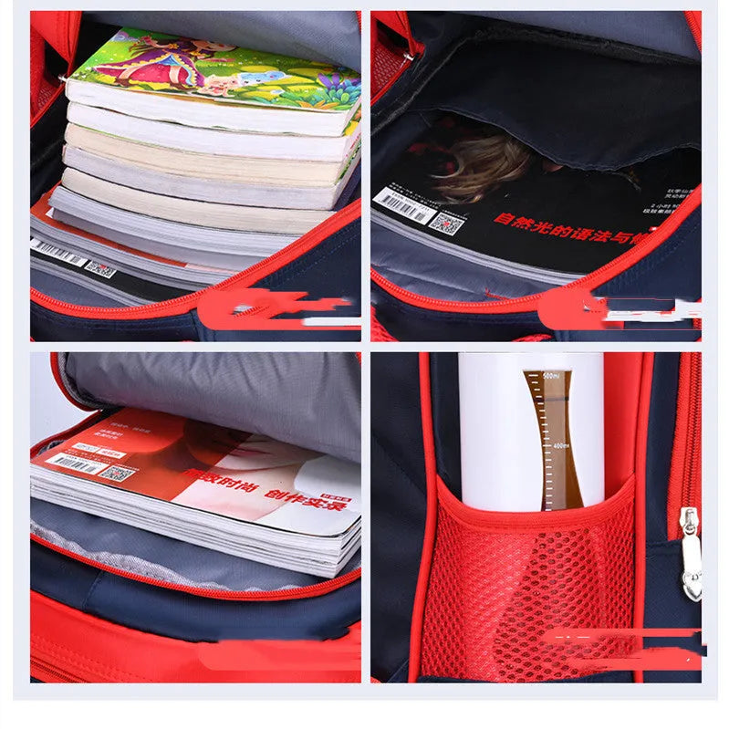 Blue children's anime cartoon backpack with double shoulder straps showing school books inside