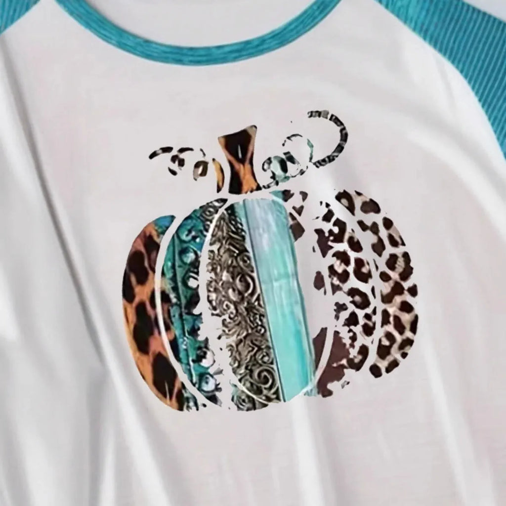 Sky blue long sleeve T-shirt with 3D digital print of a Halloween pumpkin.