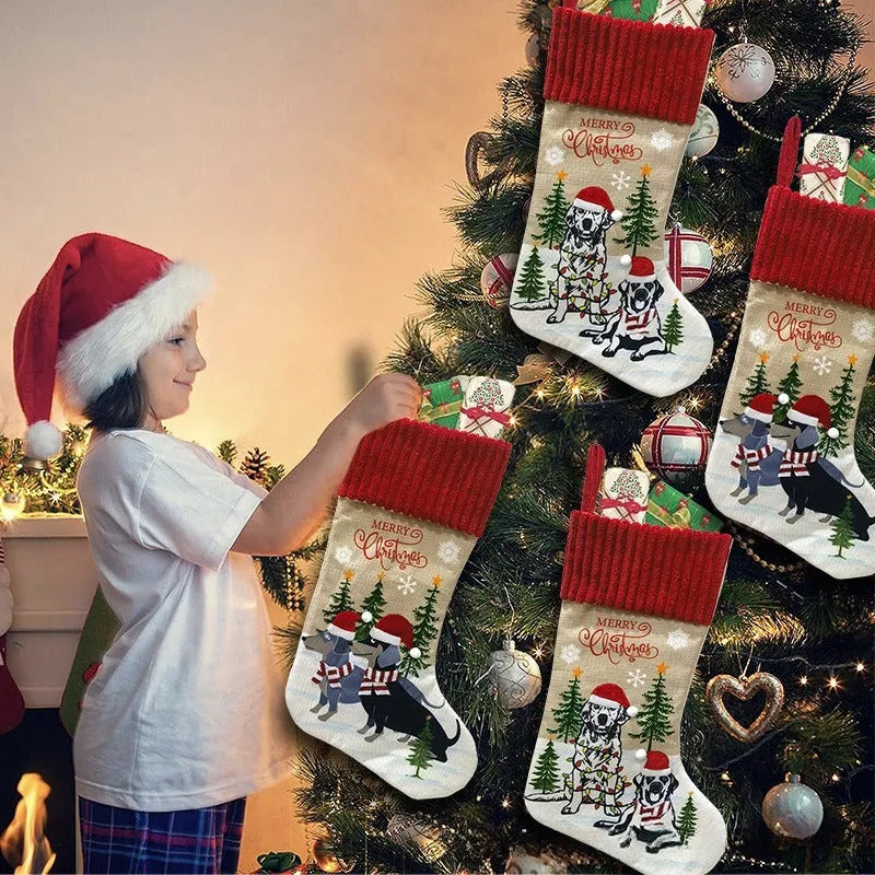 Large 46x28cm cloth Christmas tree pendant with pet and gift bag design in pastoral style
