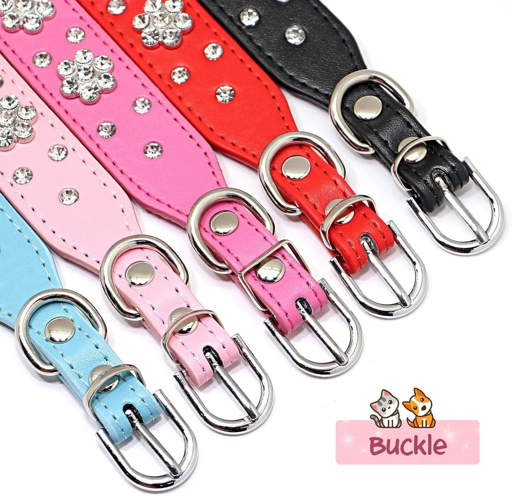 Black PU leather dog collar with silver rhinestone flower pattern and metal D-ring for small dogs.