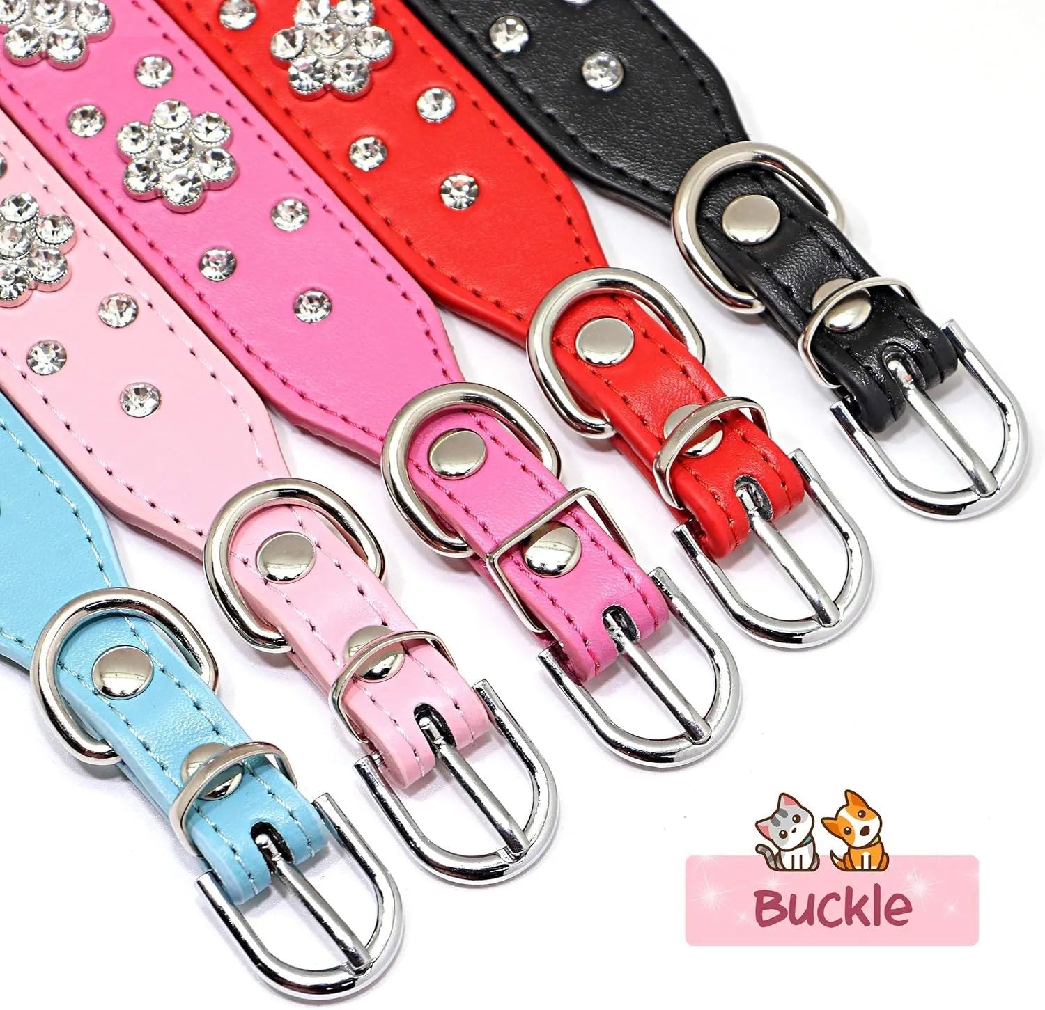 Black PU leather dog collar with silver rhinestone flower pattern and metal D-ring for small dogs.