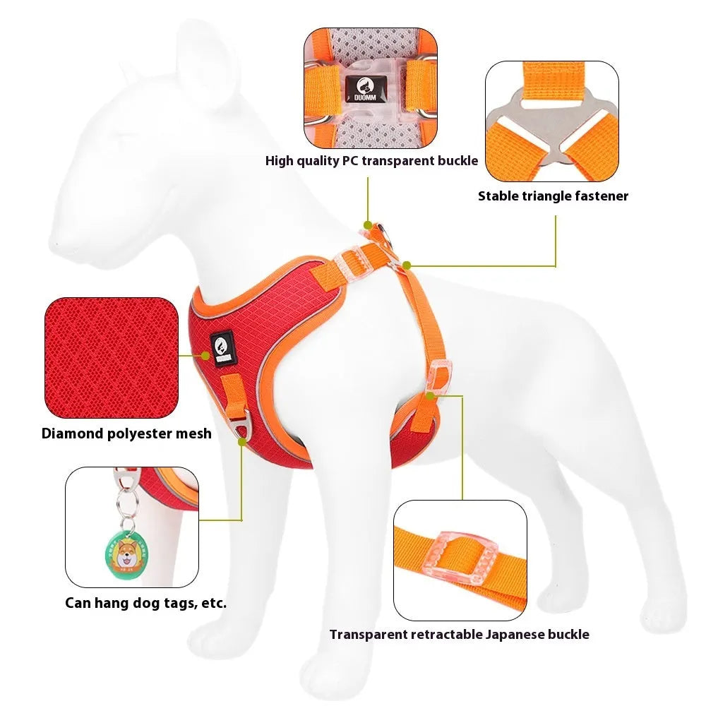 Adjustable dog harness with breathable mesh fabric and reflective piping in multiple colour options