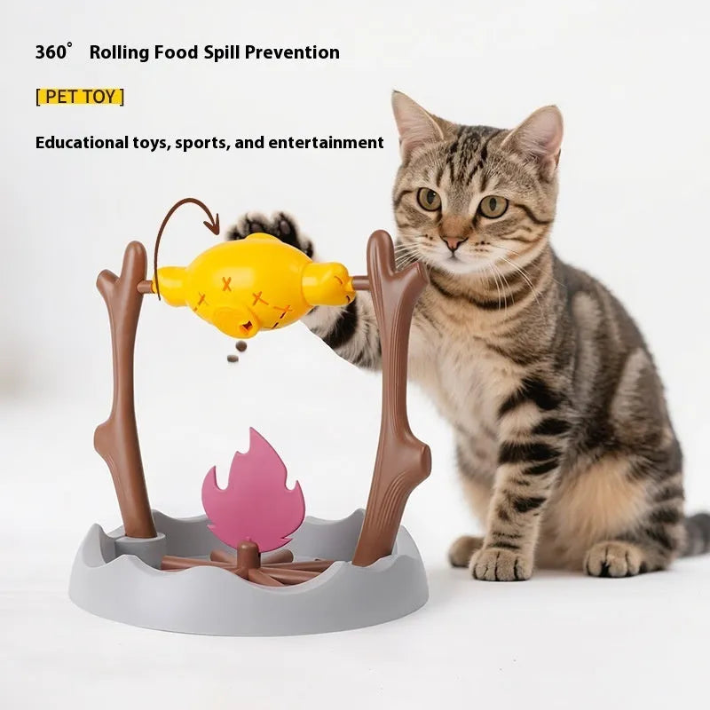 Blue and white tumbling cat food feeder toy on a wooden floor