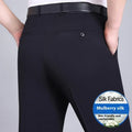 Men's straight-leg mulberry silk blend business trousers in dark blue on a hanger.