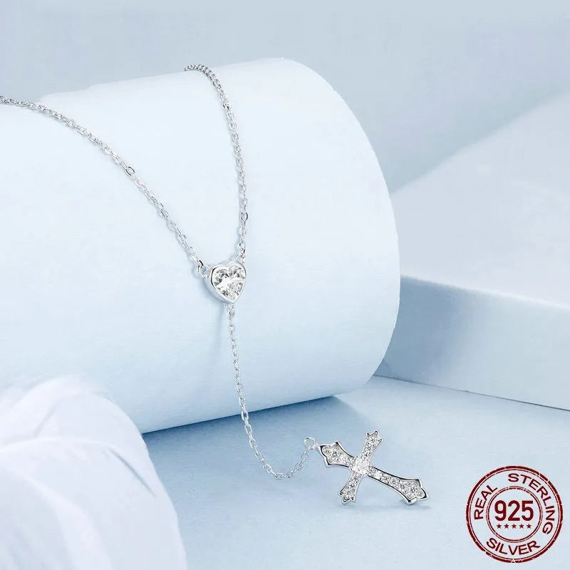 925 silver love cross pendant necklace on V-neck chain in BSN384 colour