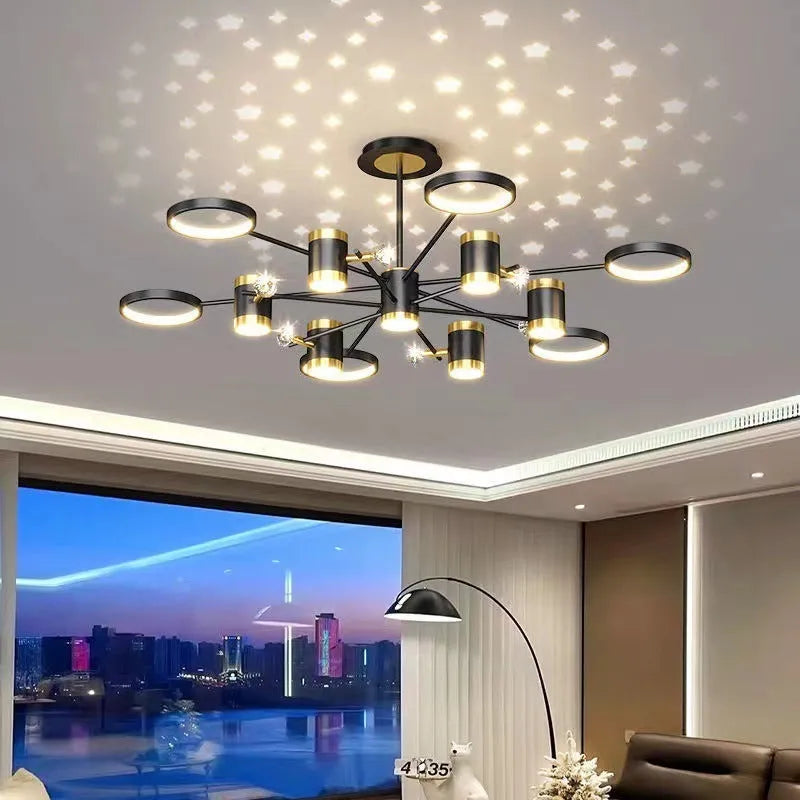 Black 13-head iron pendant chandelier with remote control and adjustable suspension