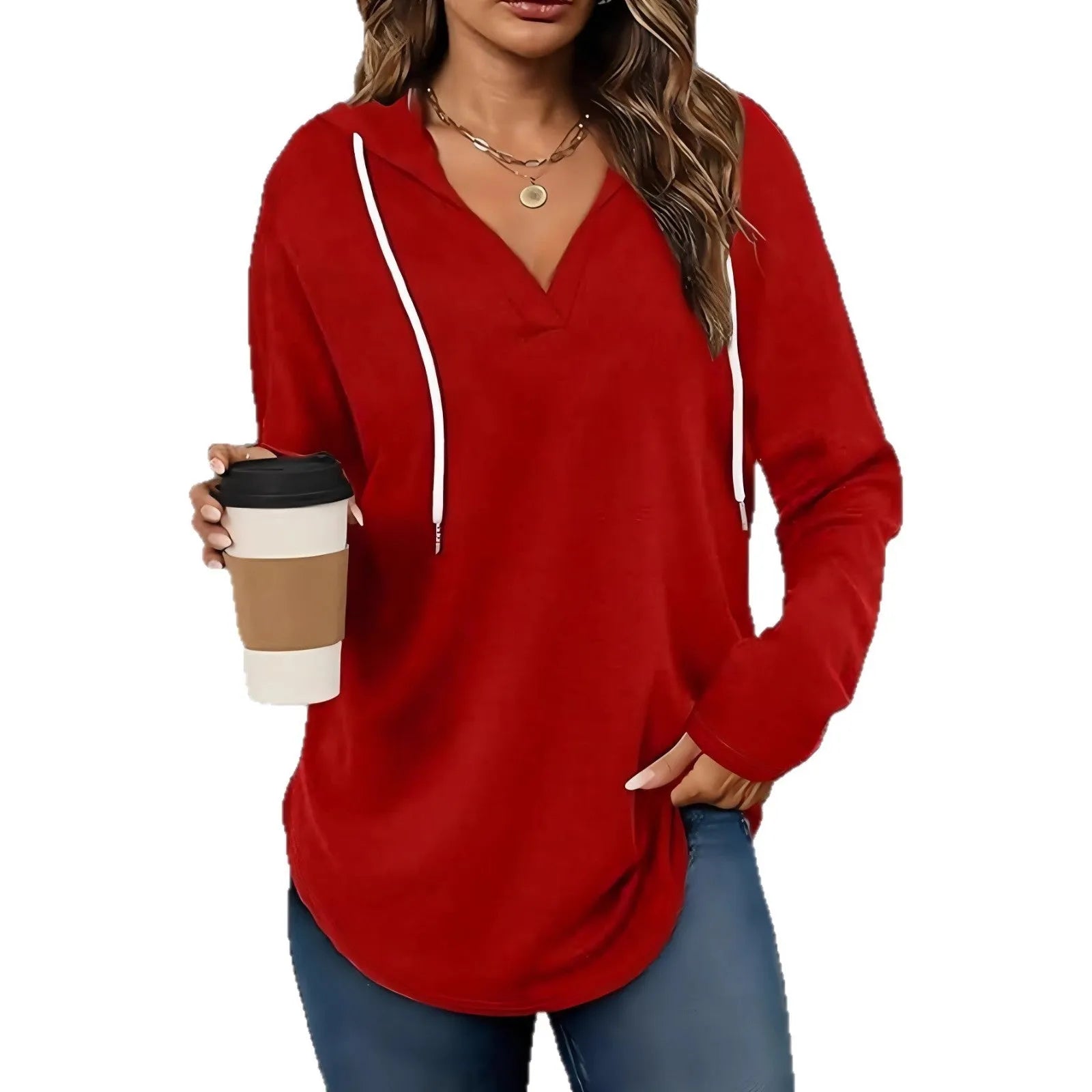 Women's red V-neck hooded sweatshirt with long sleeves on a hanger.