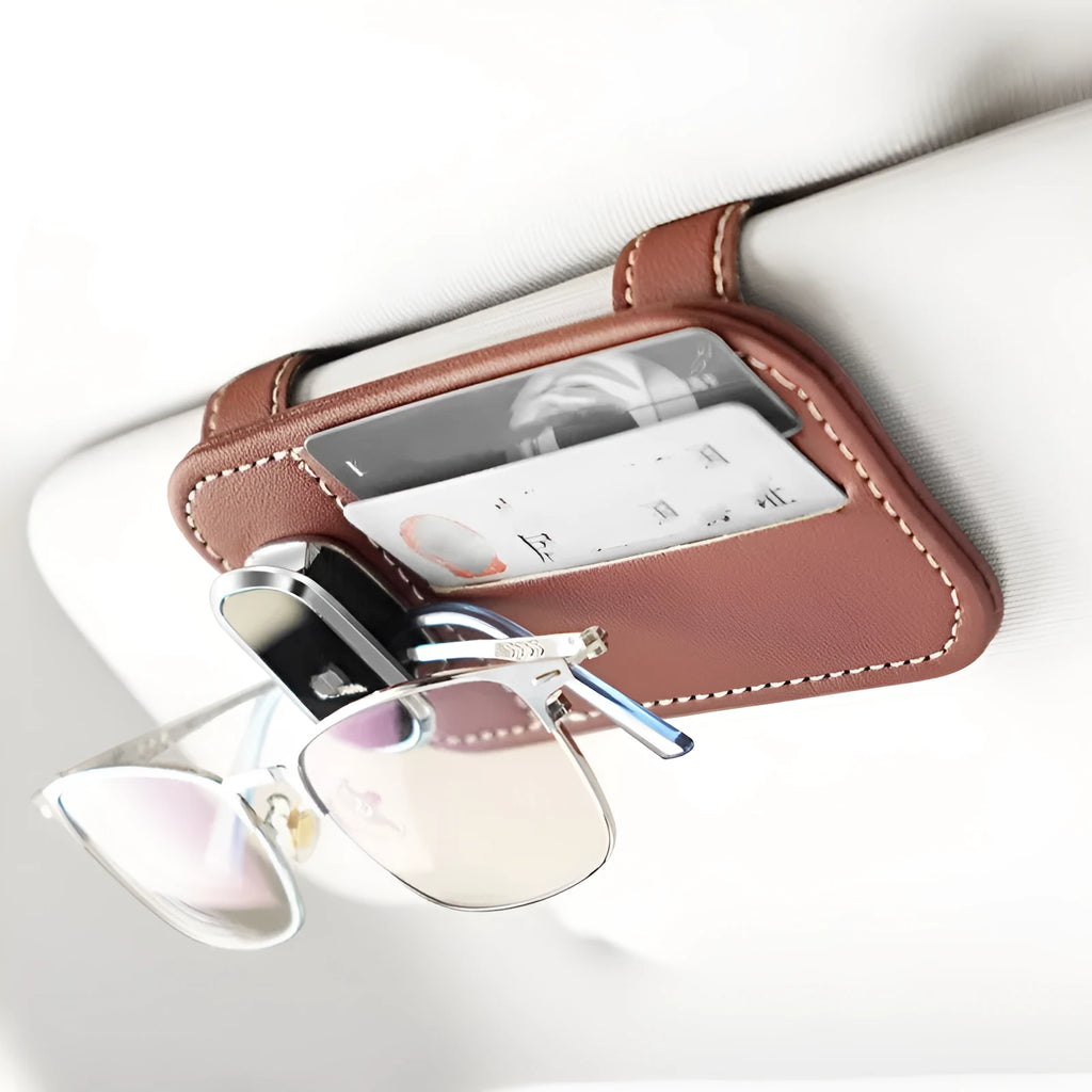 Cowhide leather automotive sun visor card holder with glasses clip in various colours.
