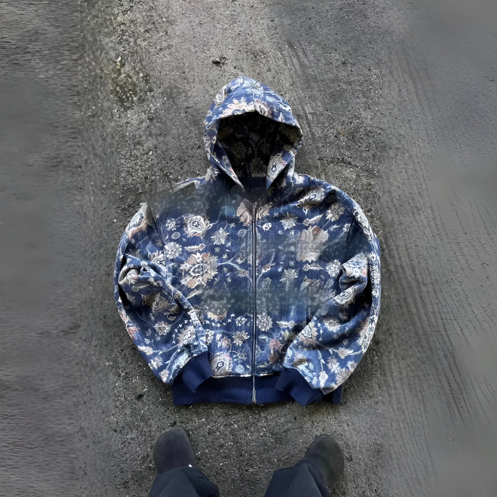 Men's hooded loose zip coat in red or blue polyester fibre with comprehensive size chart