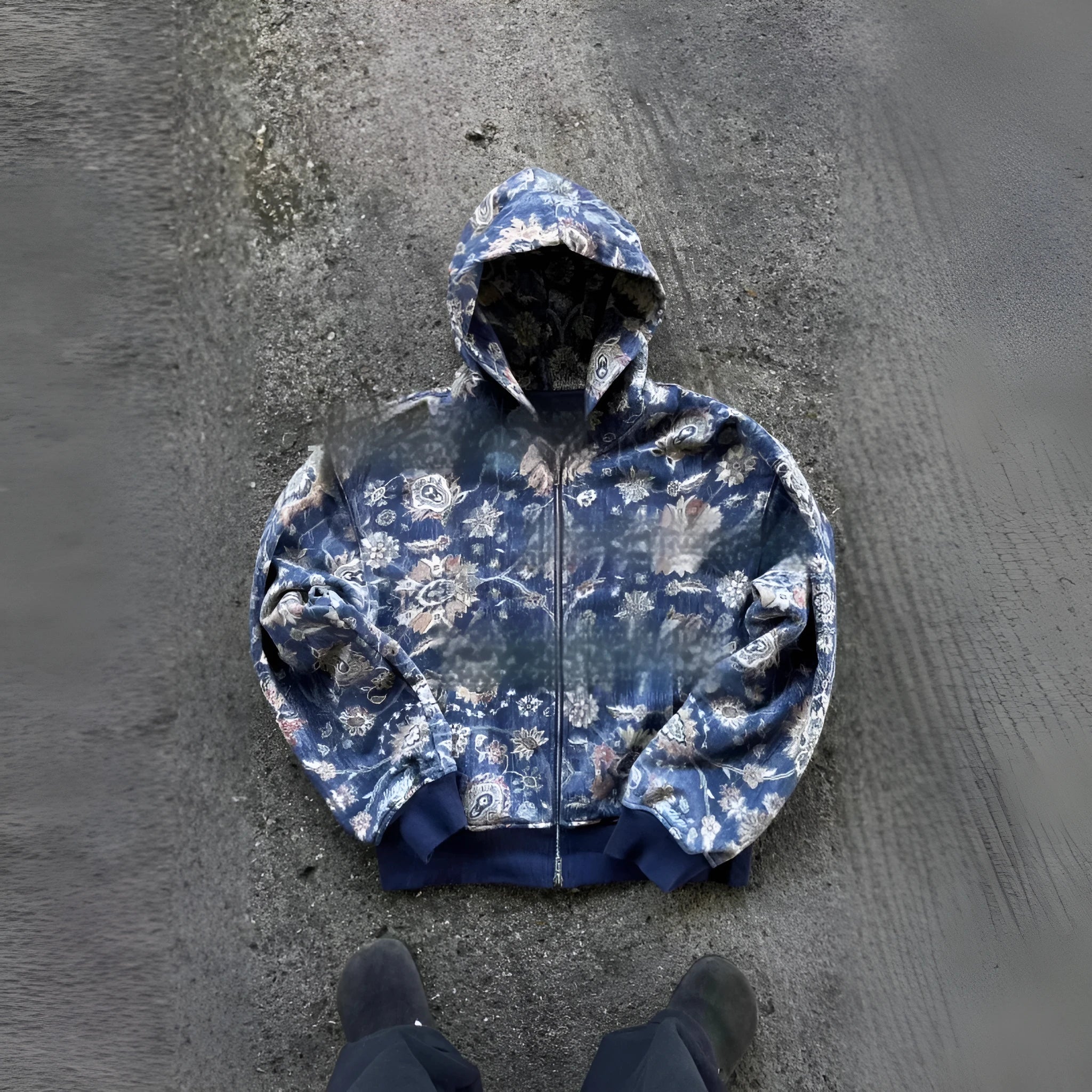 Men's hooded loose zip coat in red or blue polyester fibre with comprehensive size chart