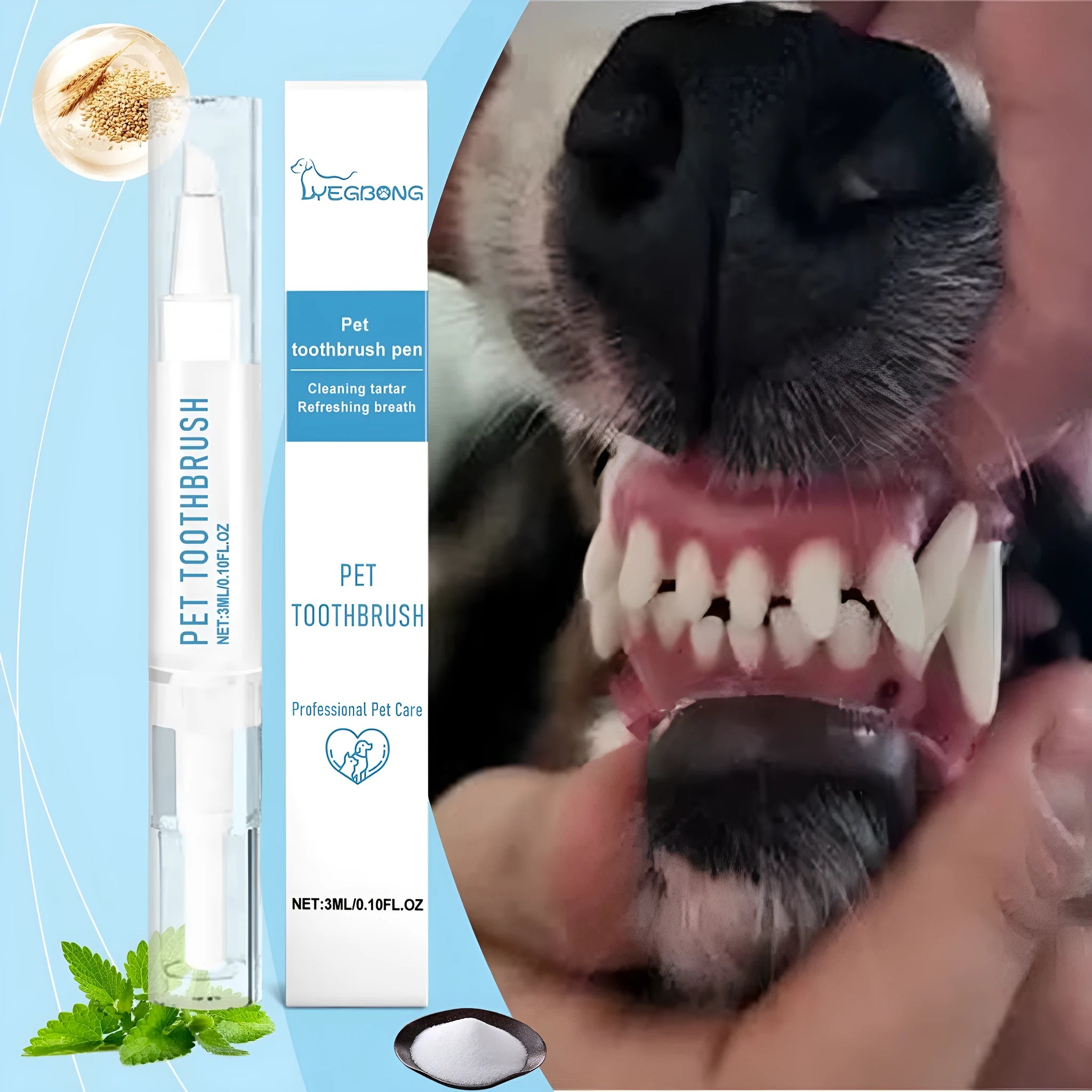 Pet toothbrush pen with 3ml breath-care gel and soft applicator brush for dogs and cats.