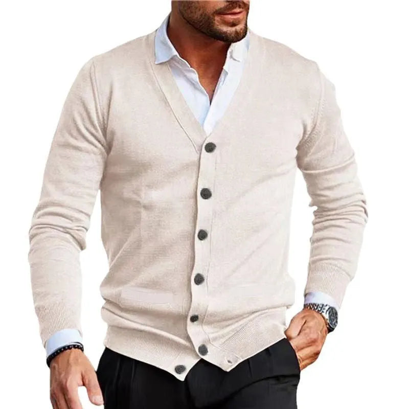 Men's slim fit acrylic cardigan sweater coat shown in creamy-white colour on a hanger.