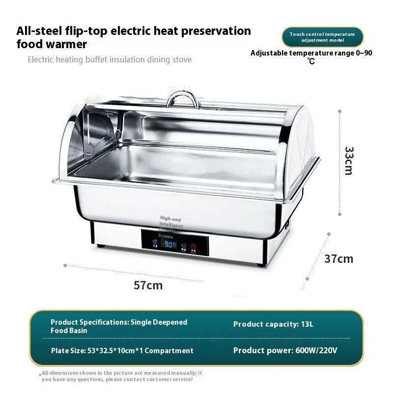 Stainless steel electric buffet stove with transparent flip lid and LCD temperature display