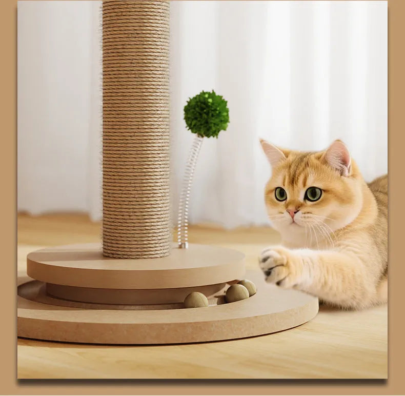 Vertical cat climbing frame with natural hemp rope scratching surface on a canna-coloured column.