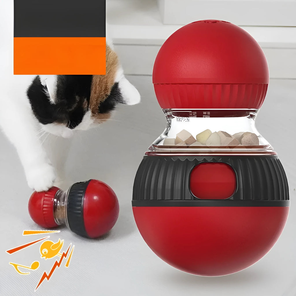 Rotating plastic cat toy ball with food dropping mechanism in super ball colour