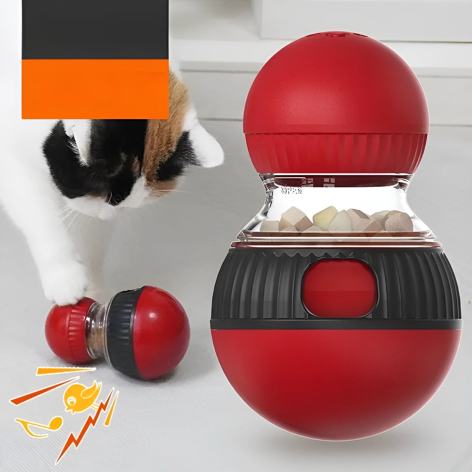Rotating plastic cat toy ball with food dropping mechanism in super ball colour
