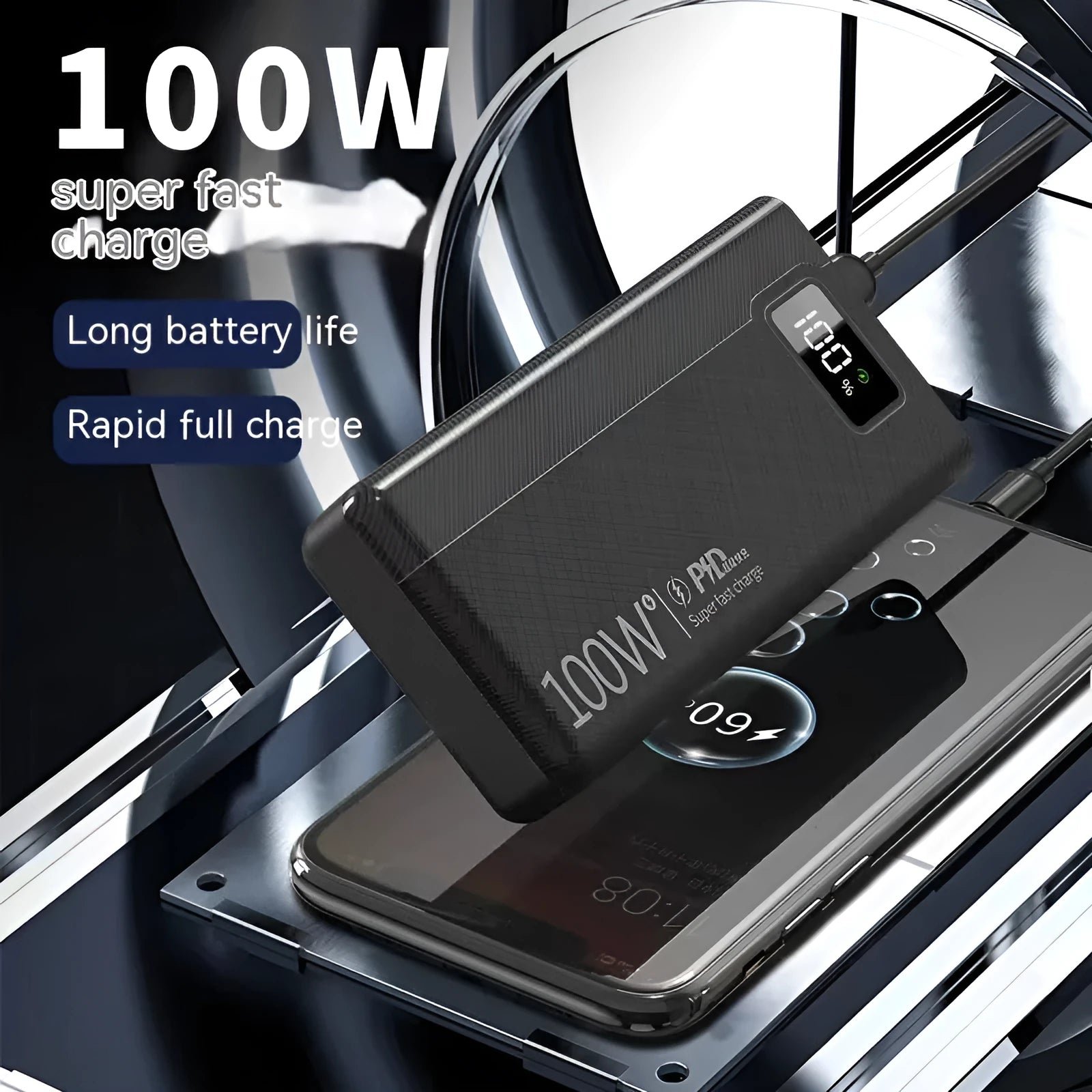 Large black or white power bank showing size comparison and capacity options 20000mAh to 50000mAh.