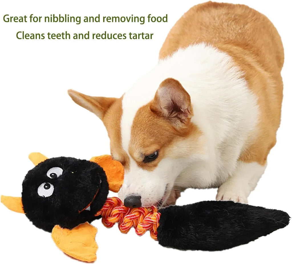 Soft rabbit fleece plush dog toy with a rope knot, shown in black, green, or red.
