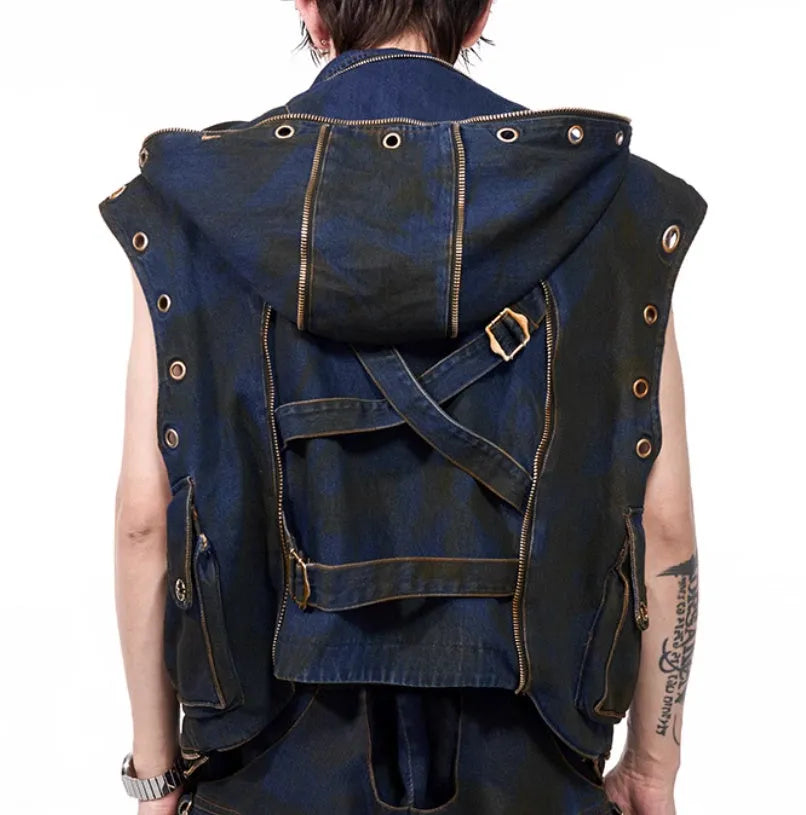Blue Korean-style hooded denim vest coat and matching trousers outfit with front zipper closure