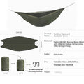 Army green outdoor camping hammock sleeping bag with compression sack, shown unrolled to display its size.