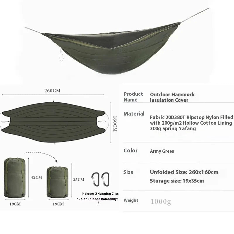 Army green outdoor camping hammock sleeping bag with compression sack, shown unrolled to display its size.