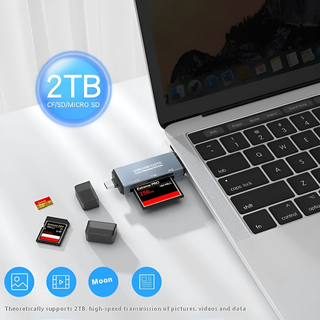 Aluminium CF SD TF three-in-one card reader with USB 2.0 interface and compact 9.2cm design