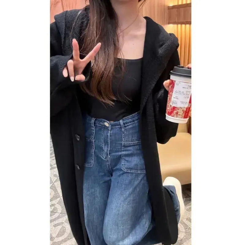 Long grey hooded knitted cardigan for women in casual Korean style