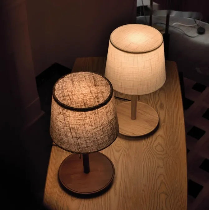Walnut finish solid wood bedside lamp with fabric shade and cable switch