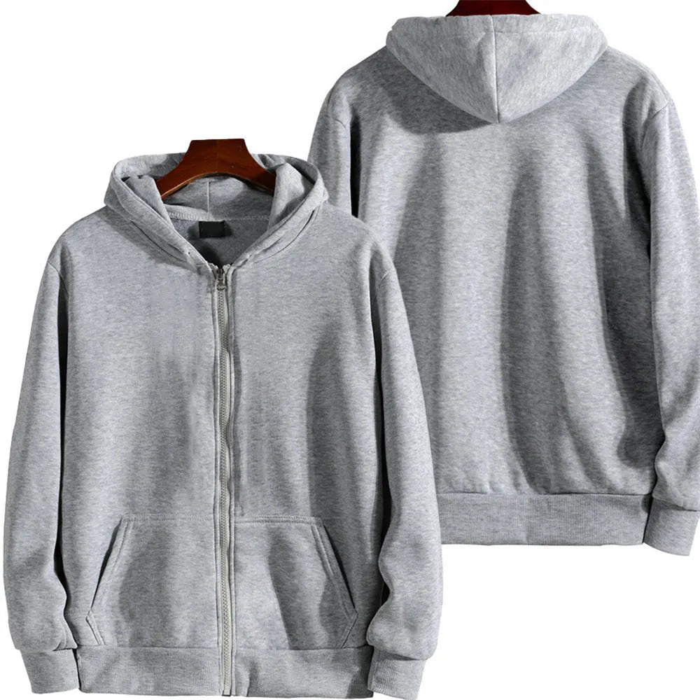 Men's solid colour loose sports zip jacket in polyester-spandex fabric showing zip front and cardigan style
