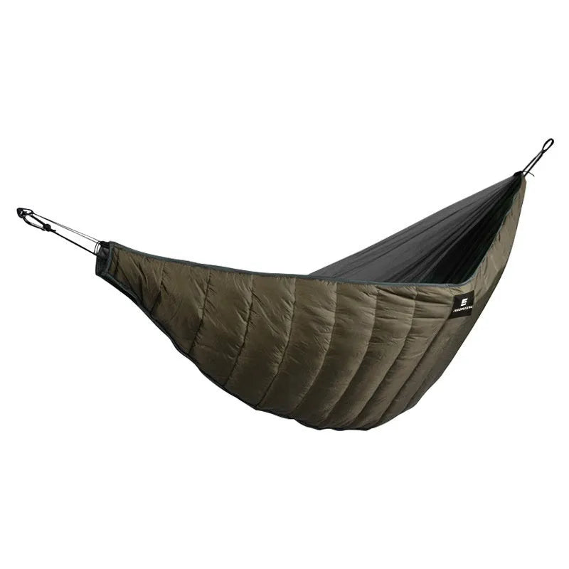Army green outdoor camping hammock sleeping bag with compression sack, shown unrolled to display its size.