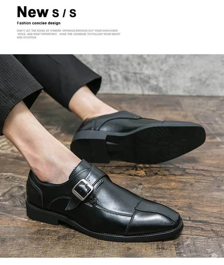 Men's brown blue retro buckle casual shoes with microfiber upper and adjustable closure
