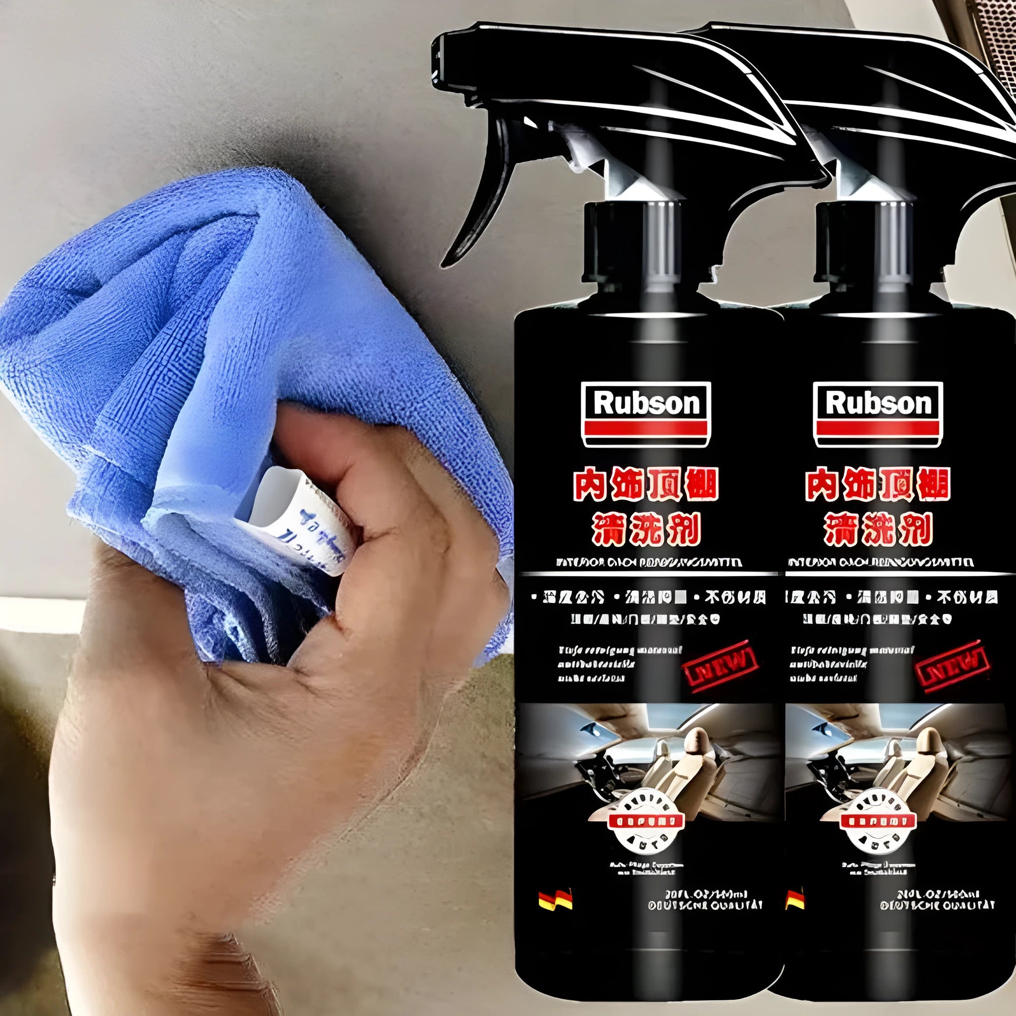 Wash free fabric roof foam cleaner bottle with towel and sponge wipes for ultrasonic ceiling cleaning.