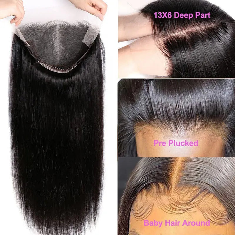 Black straight human hair wig with a 13x6 lace front, shown in a long length