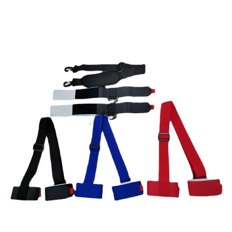 Adjustable hook and loop ski bandage strap for sleds and snowboards.
