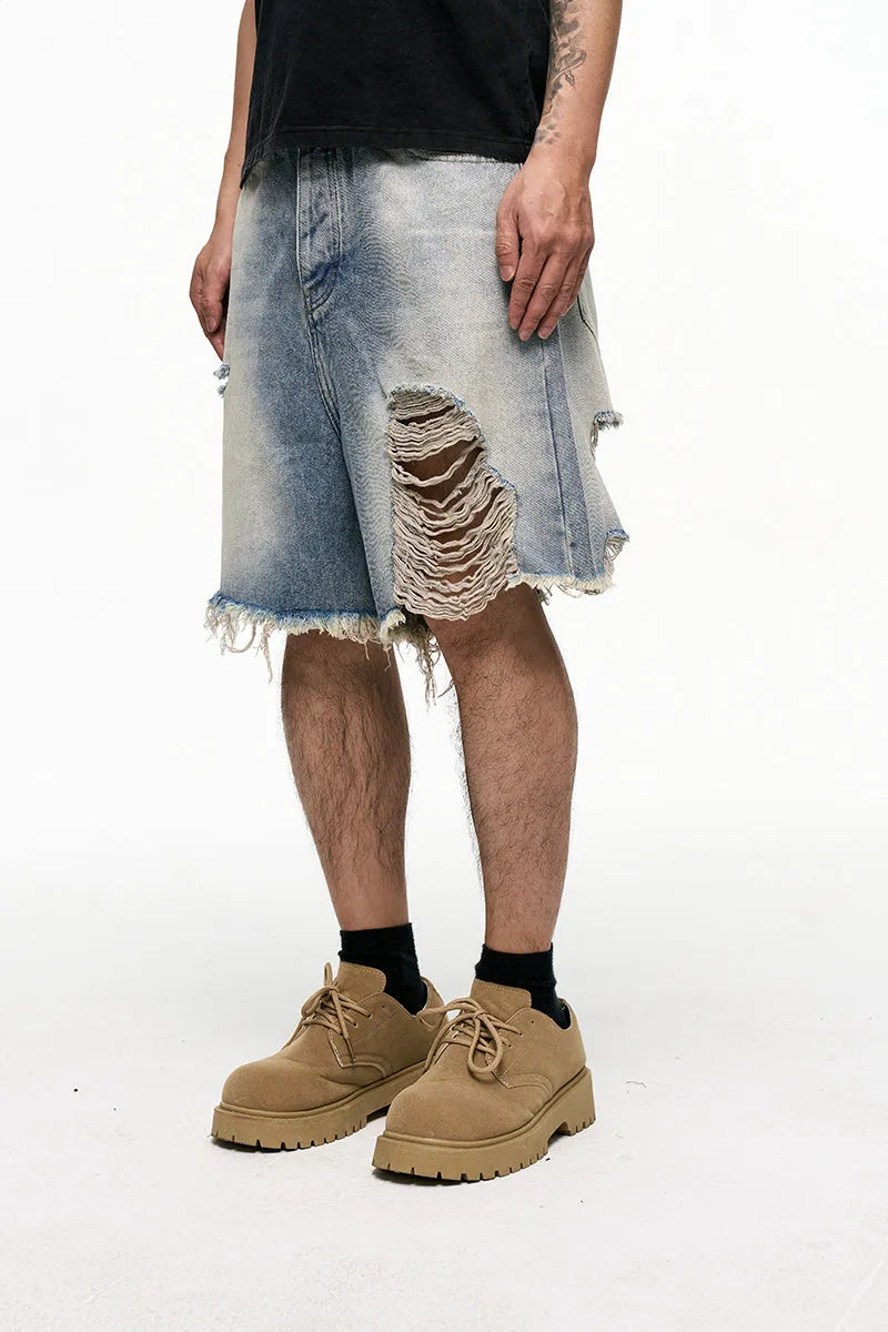 Men's light blue retro washed denim shorts with baggy wide-leg design and fifth pants length