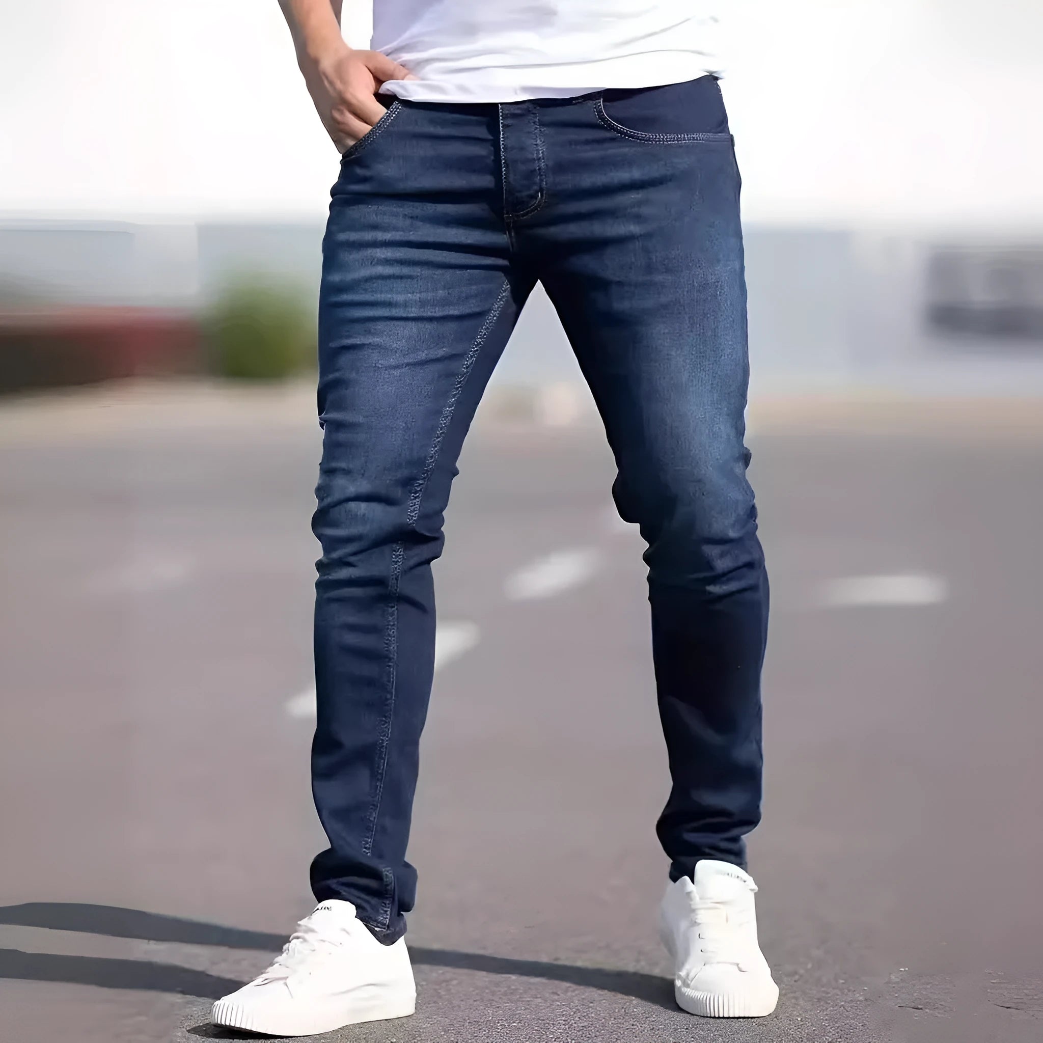Dark blue men's slim fit casual jeans with medium elastic cotton construction