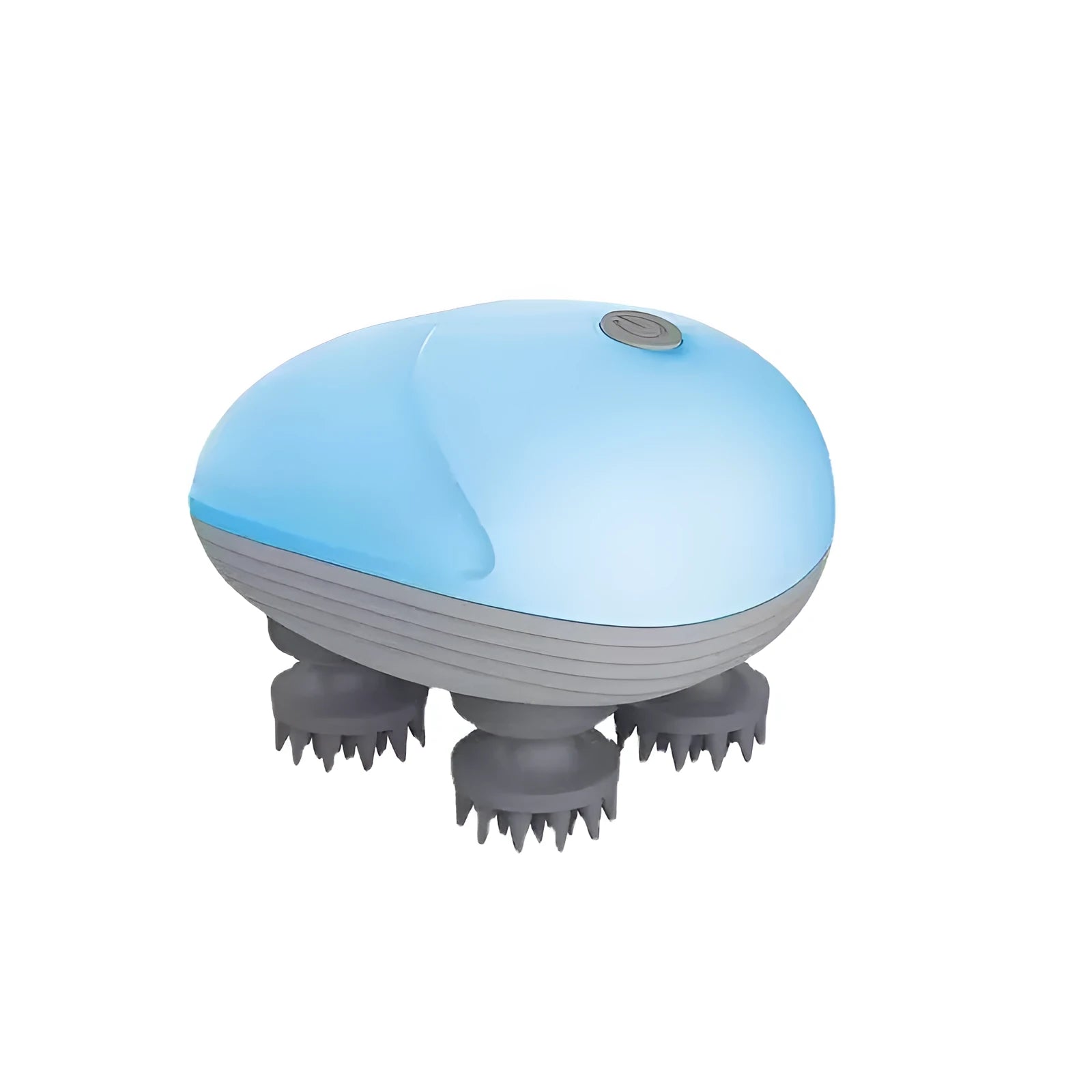 Blue handheld electric pet massager with four rotating heads on a white background