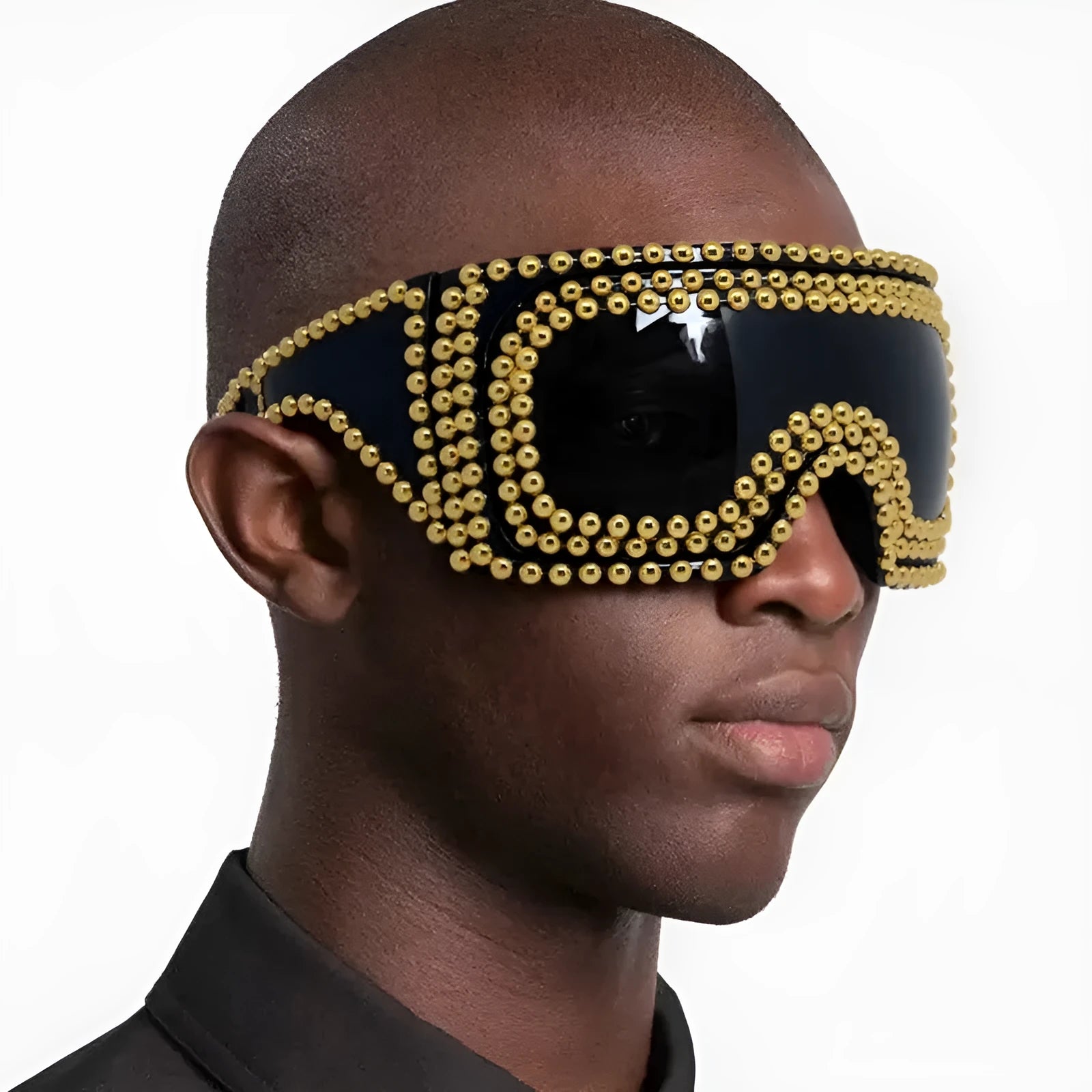 Men's punk sunglasses with large square frame and rivet detailing in silver colour