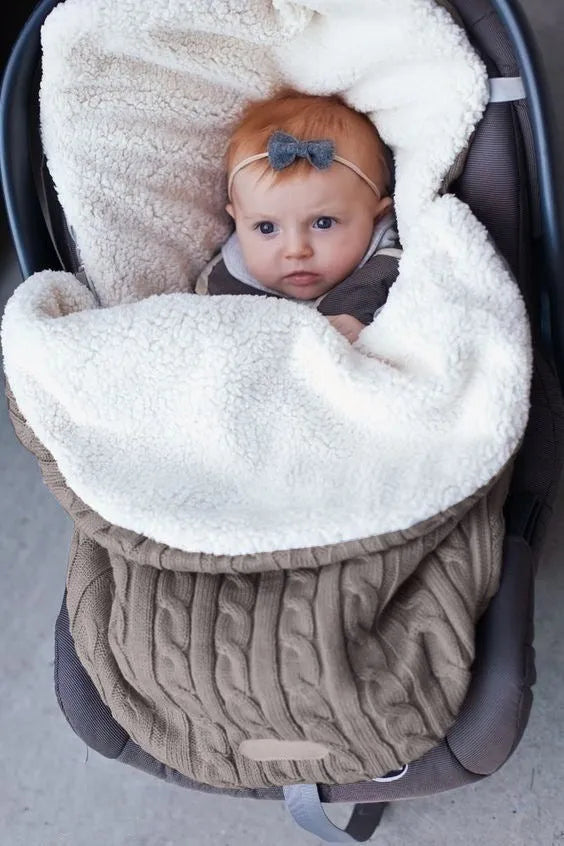 Envelope-style baby stroller sleeping bag in beige with lamb cashmere lining and cotton wool filling