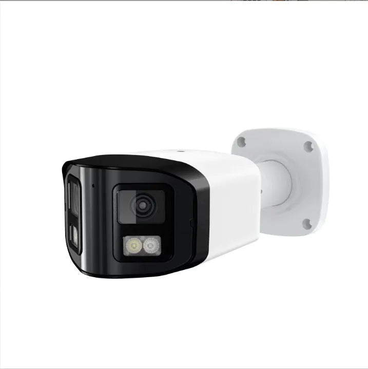 4MP dual lens IP security camera with IP66 weatherproof housing measuring 124x72x201 mm
