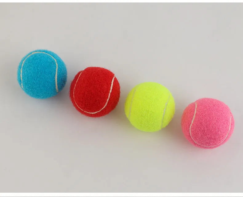 Rubber dog tennis ball toy in bright colours showing 6.3cm diameter size