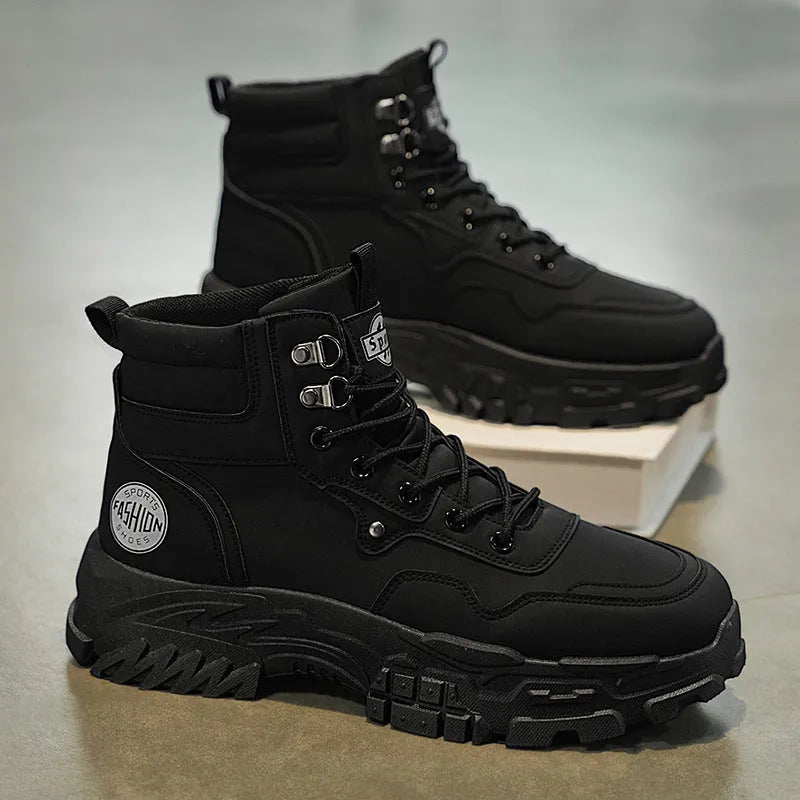 Men's black and yellow Martin boots with artificial PU upper and injection moulded sole