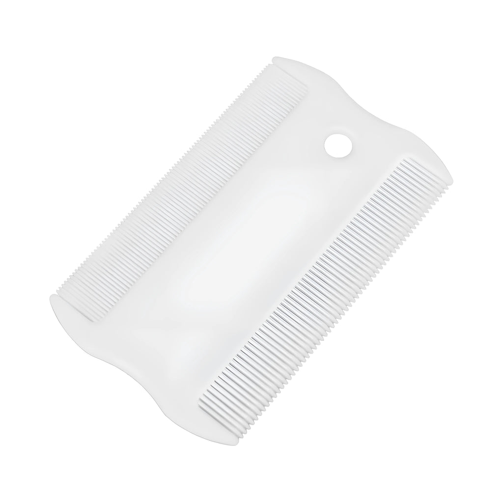 Double-sided plastic flea comb for dog and cat facial grooming showing dense teeth and compact size