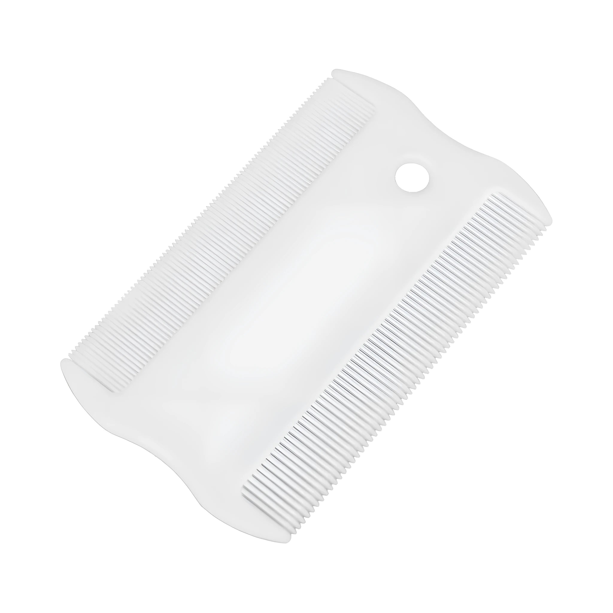 Double-sided plastic flea comb for dog and cat facial grooming showing dense teeth and compact size