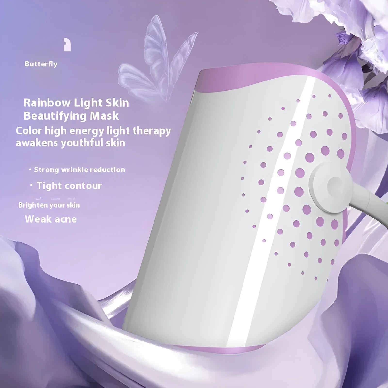 White and purple photon IPL beauty mask device for home facial light therapy treatment.