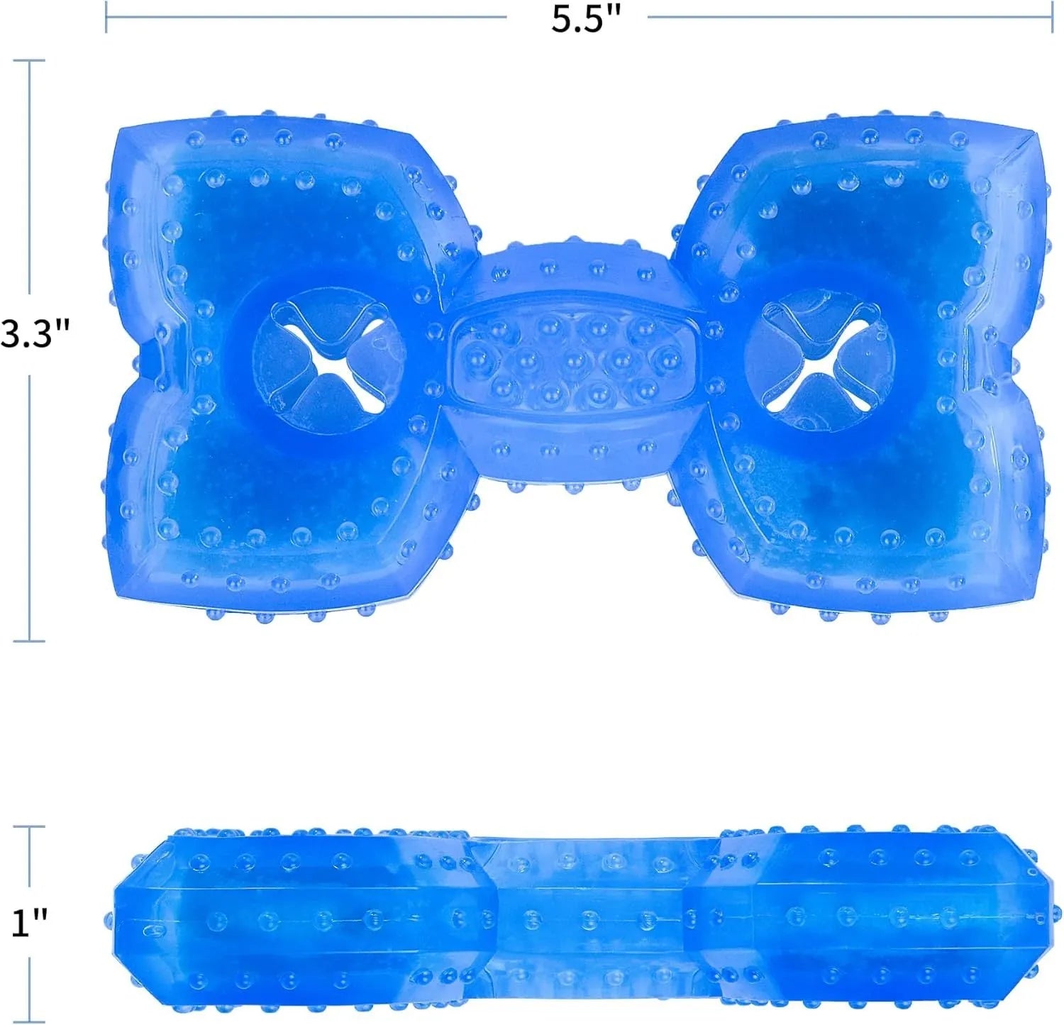 Freezable dog chew toy in bone and circle shapes for cooling and teething relief.