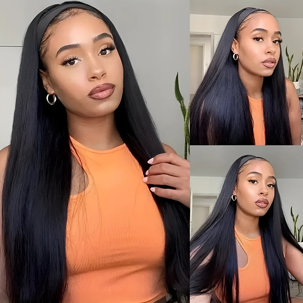 Headband wig in high-temperature fibre available in black straight, black curly, or wine red.