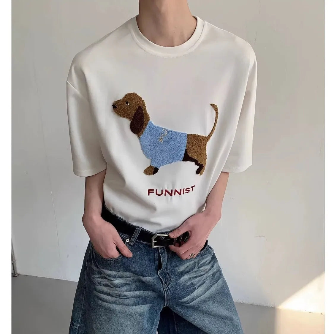 Men's grey cotton t-shirt with embroidered sausage dog towel design on front