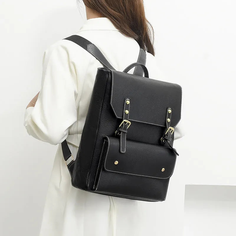 Korean style retro backpack in brown colour showing ventilation back panel and soft PU construction